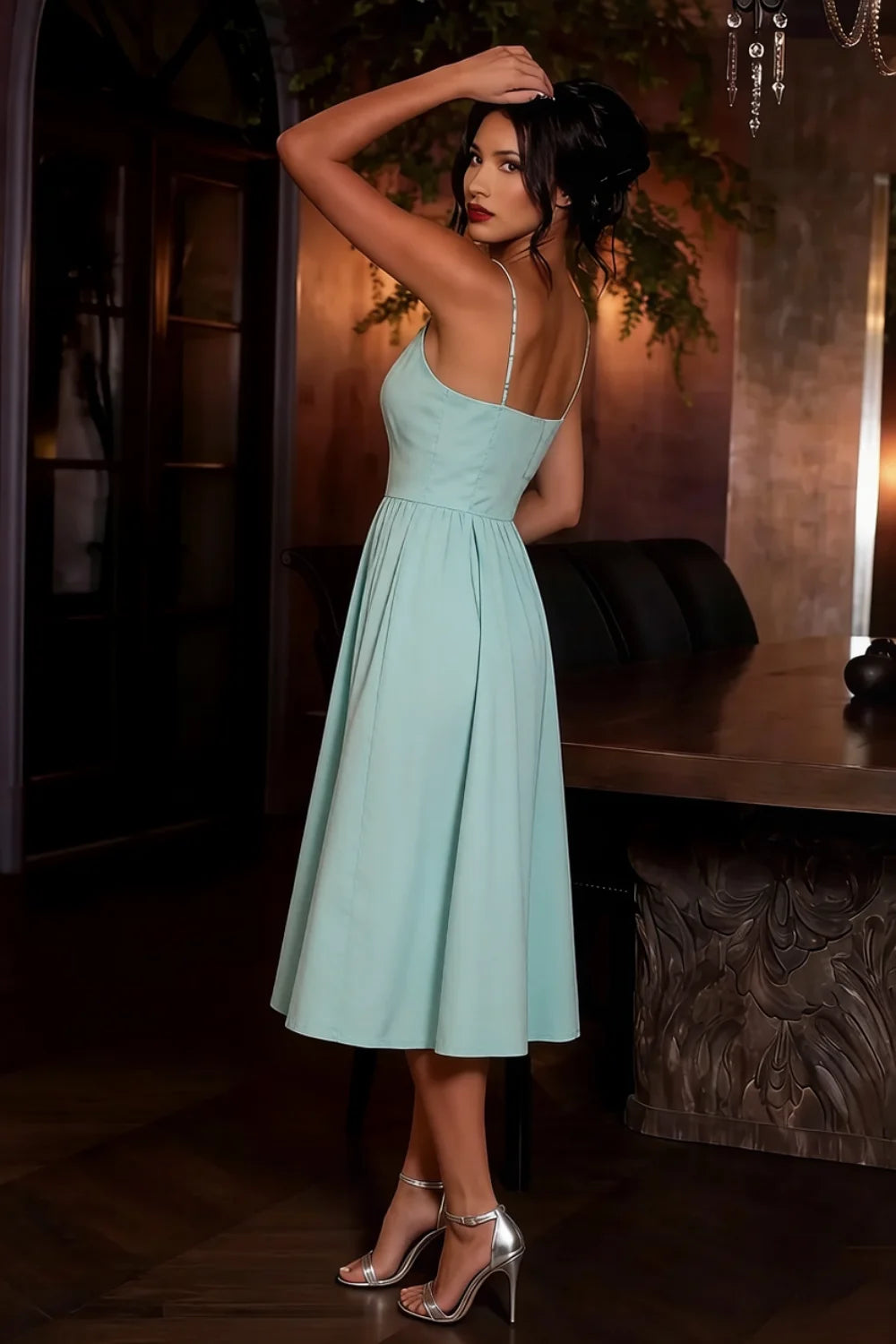 Hannah Powder Blue Belted Midi Dresses Square Neck