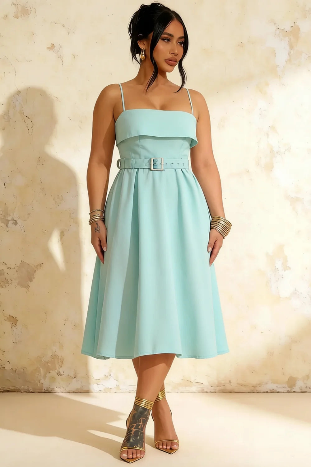 Hannah Powder Blue Belted Midi Dresses Square Neck