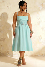 Hannah Powder Blue Belted Midi Dresses Square Neck