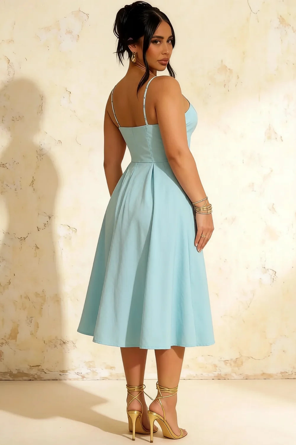 Hannah Powder Blue Belted Midi Dresses Square Neck