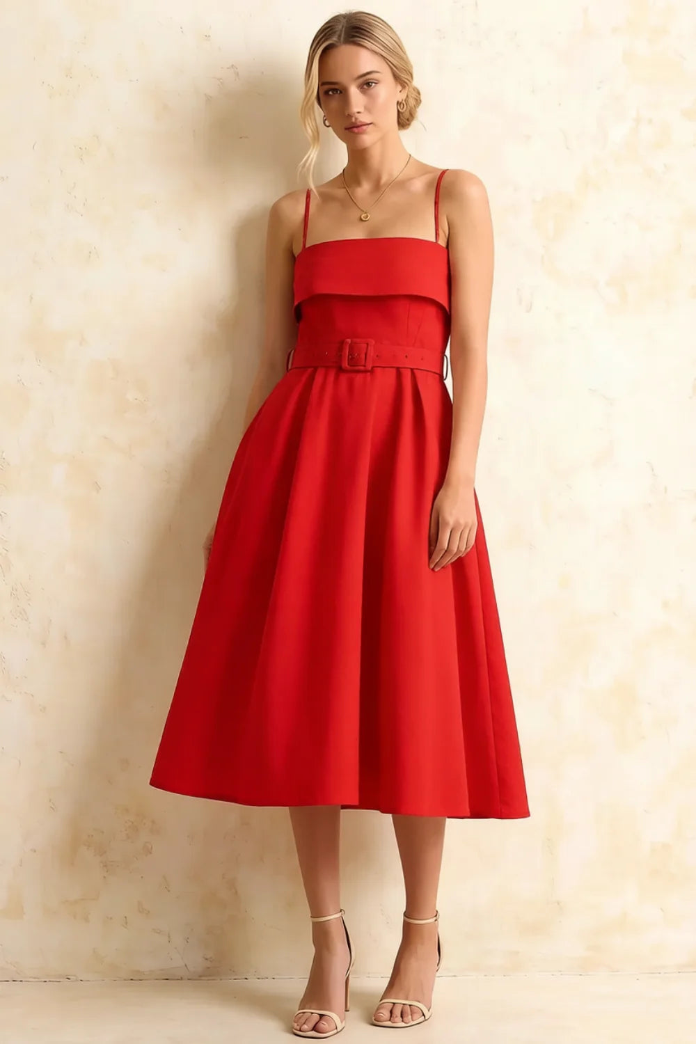 Hannah Red Square Neck Dress Midi | Belted A-Line Cocktail Dress
