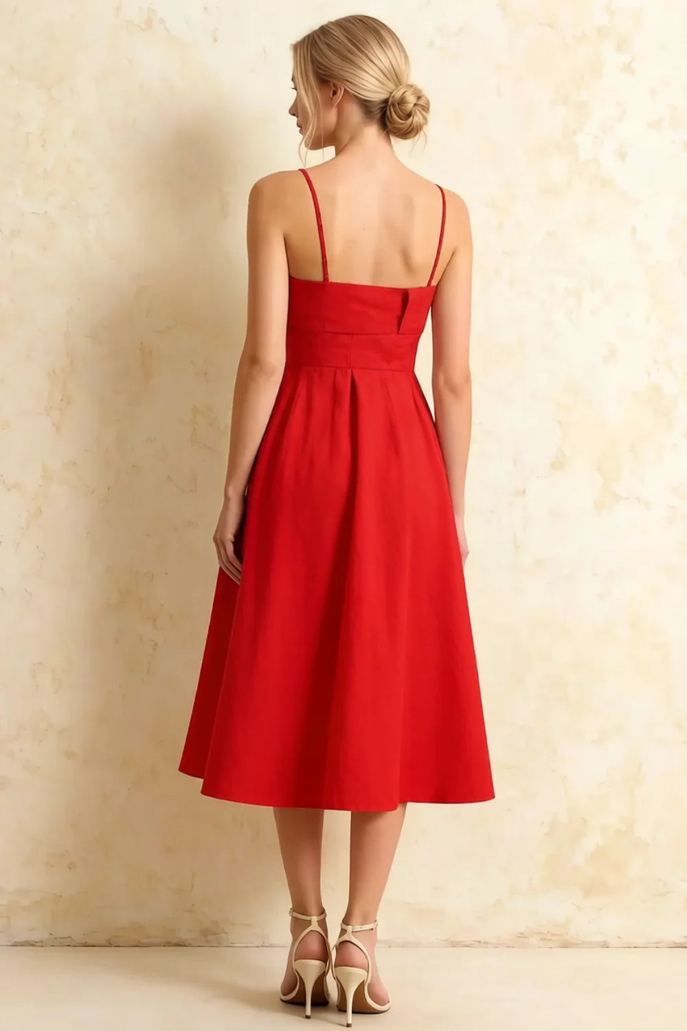 Hannah Red Square Neck Dress Midi | Belted A-Line Cocktail Dress
