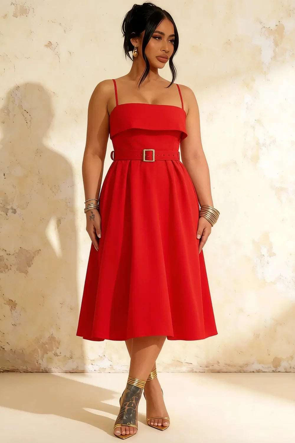 Hannah Red Square Neck Dress Midi | Belted A-Line Cocktail Dress