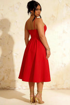 Hannah Red Square Neck Dress Midi | Belted A-Line Cocktail Dress