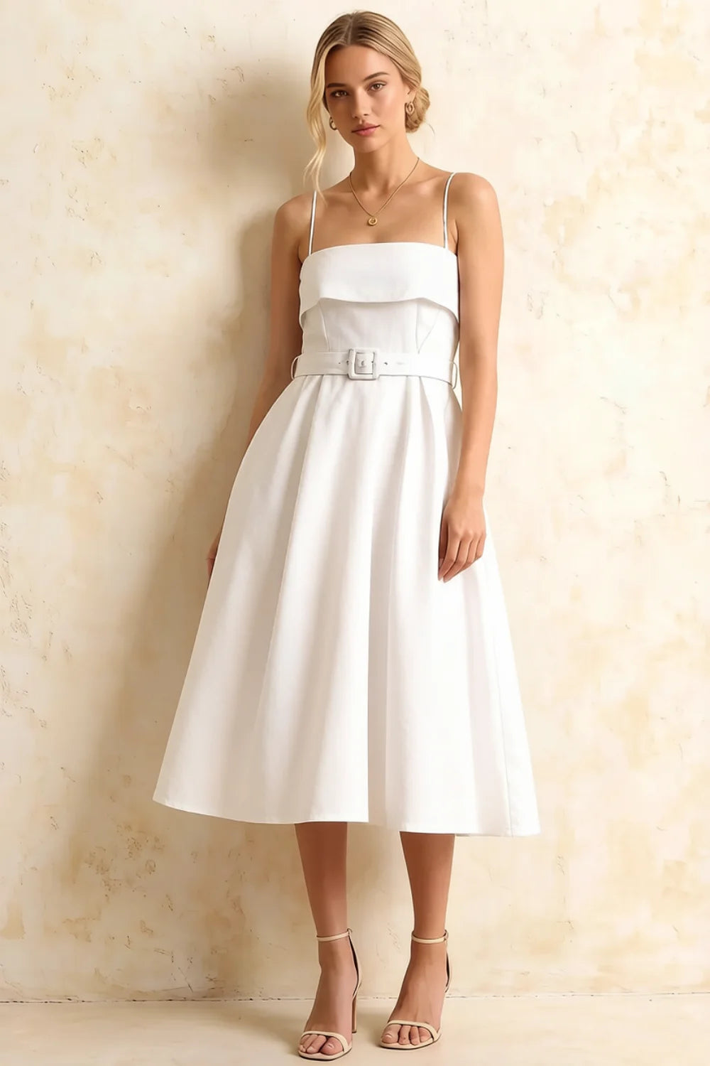 Hannah White Square Neck Midi Dress with Belted