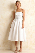Hannah White Square Neck Midi Dress with Belted