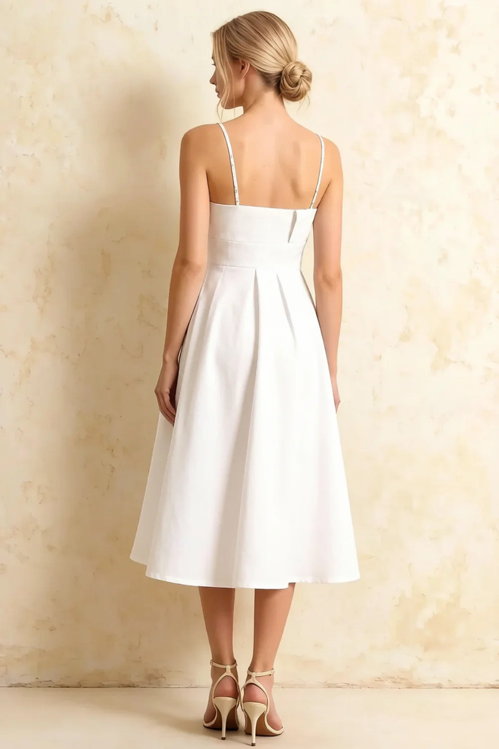 Hannah White Square Neck Midi Dress with Belted