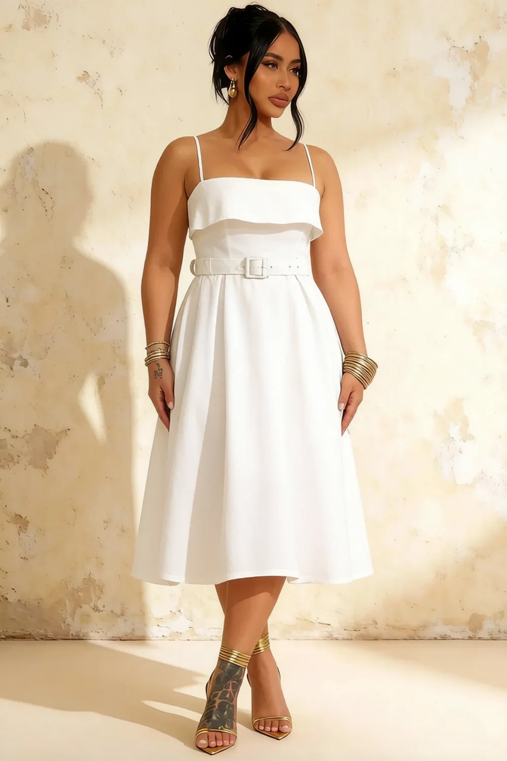 Hannah White Square Neck Midi Dress with Belted