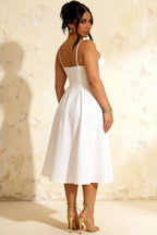 Hannah White Square Neck Midi Dress with Belted