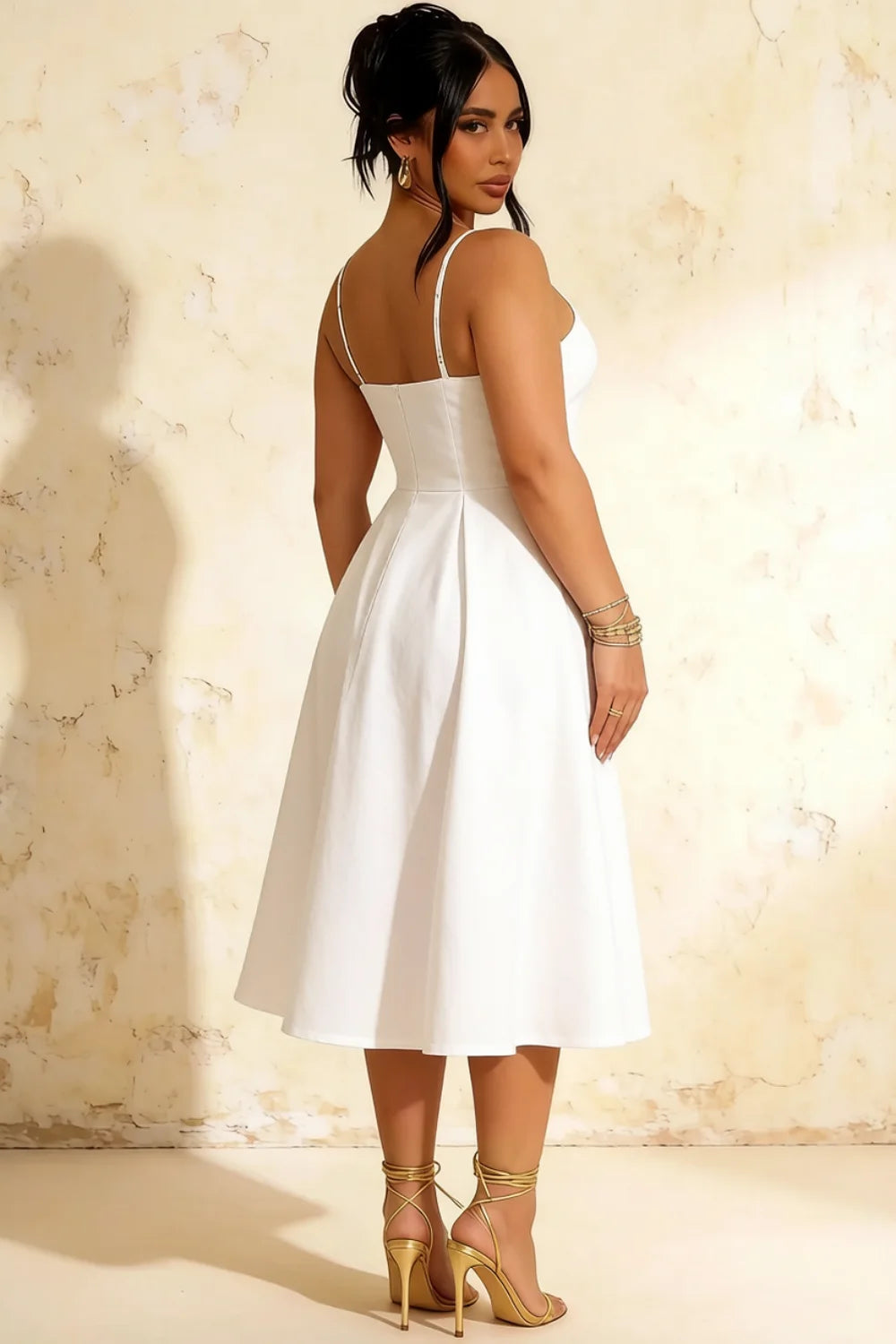 Hannah White Square Neck Midi Dress with Belted
