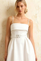 Hannah White Square Neck Midi Dress with Belted