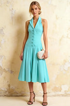 Harper Aqua V Neck Midi Dress with Drop Waist