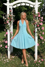 Harper Aqua V Neck Midi Dress with Drop Waist