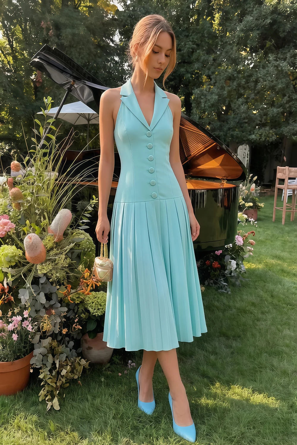 Harper Aqua V Neck Midi Dress with Drop Waist