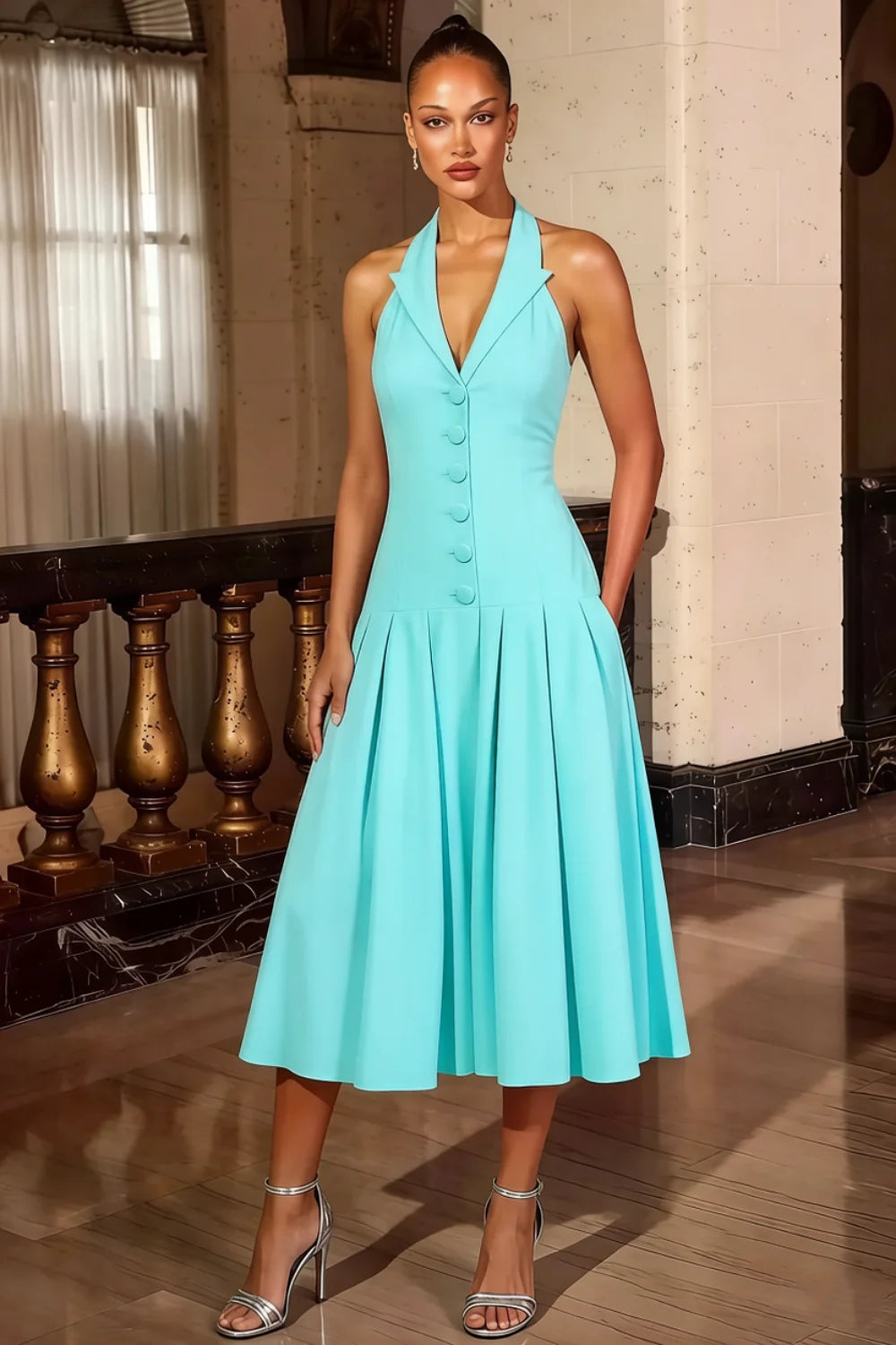 Harper Aqua V Neck Midi Dress with Drop Waist