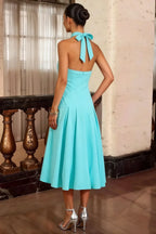 Harper Aqua V Neck Midi Dress with Drop Waist