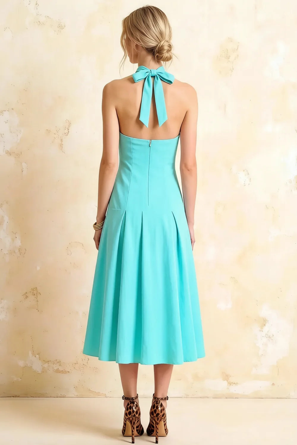 Harper Aqua V Neck Midi Dress with Drop Waist