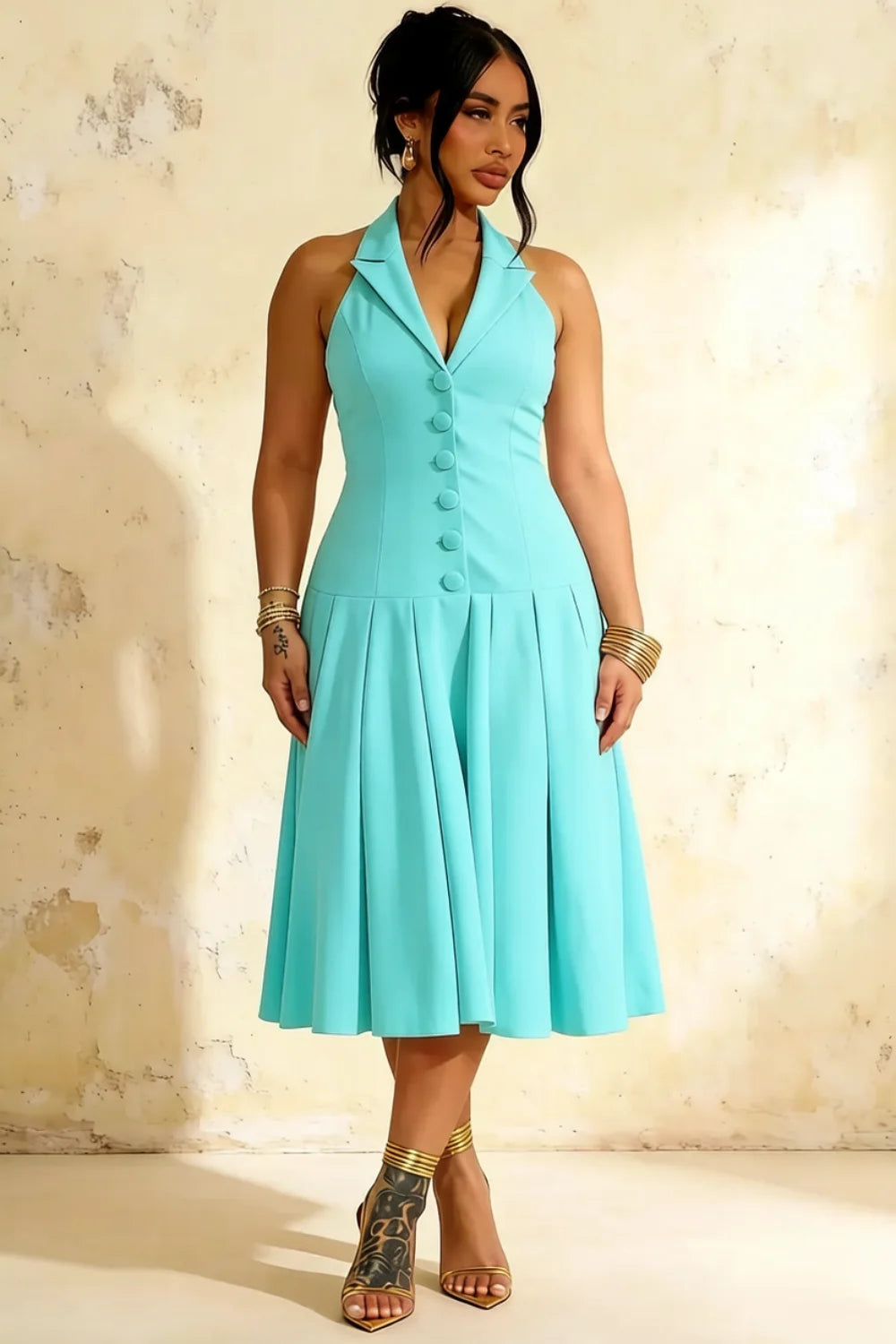 Harper Aqua V Neck Midi Dress with Drop Waist