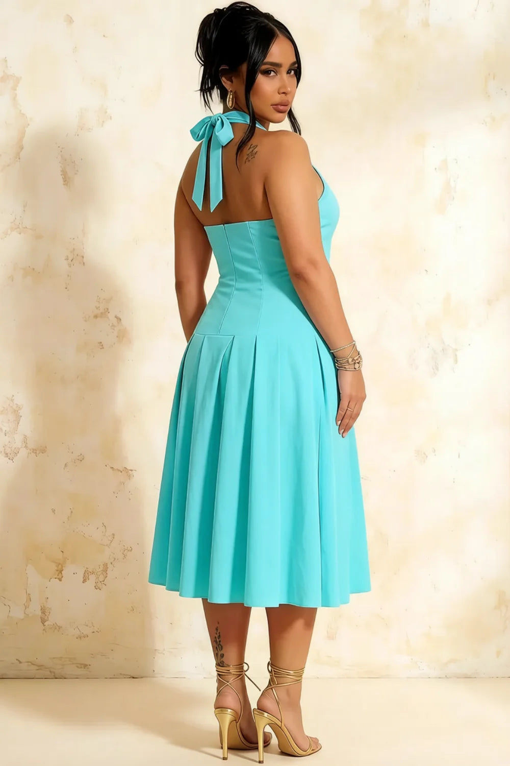 Harper Aqua V Neck Midi Dress with Drop Waist