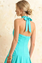 Harper Aqua V Neck Midi Dress with Drop Waist