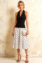 Harper Black and White Polka Dot V Neck Midi Dress with Drop Waist
