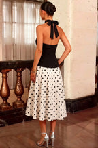 Harper Black and White Polka Dot V Neck Midi Dress with Drop Waist
