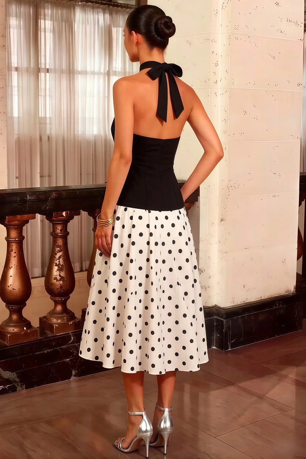 Harper Black and White Polka Dot V Neck Midi Dress with Drop Waist