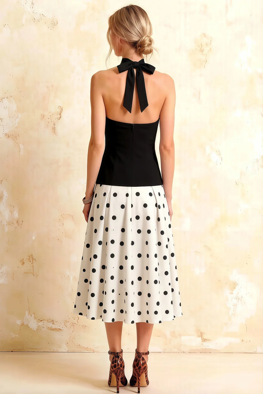 Harper Black and White Polka Dot V Neck Midi Dress with Drop Waist