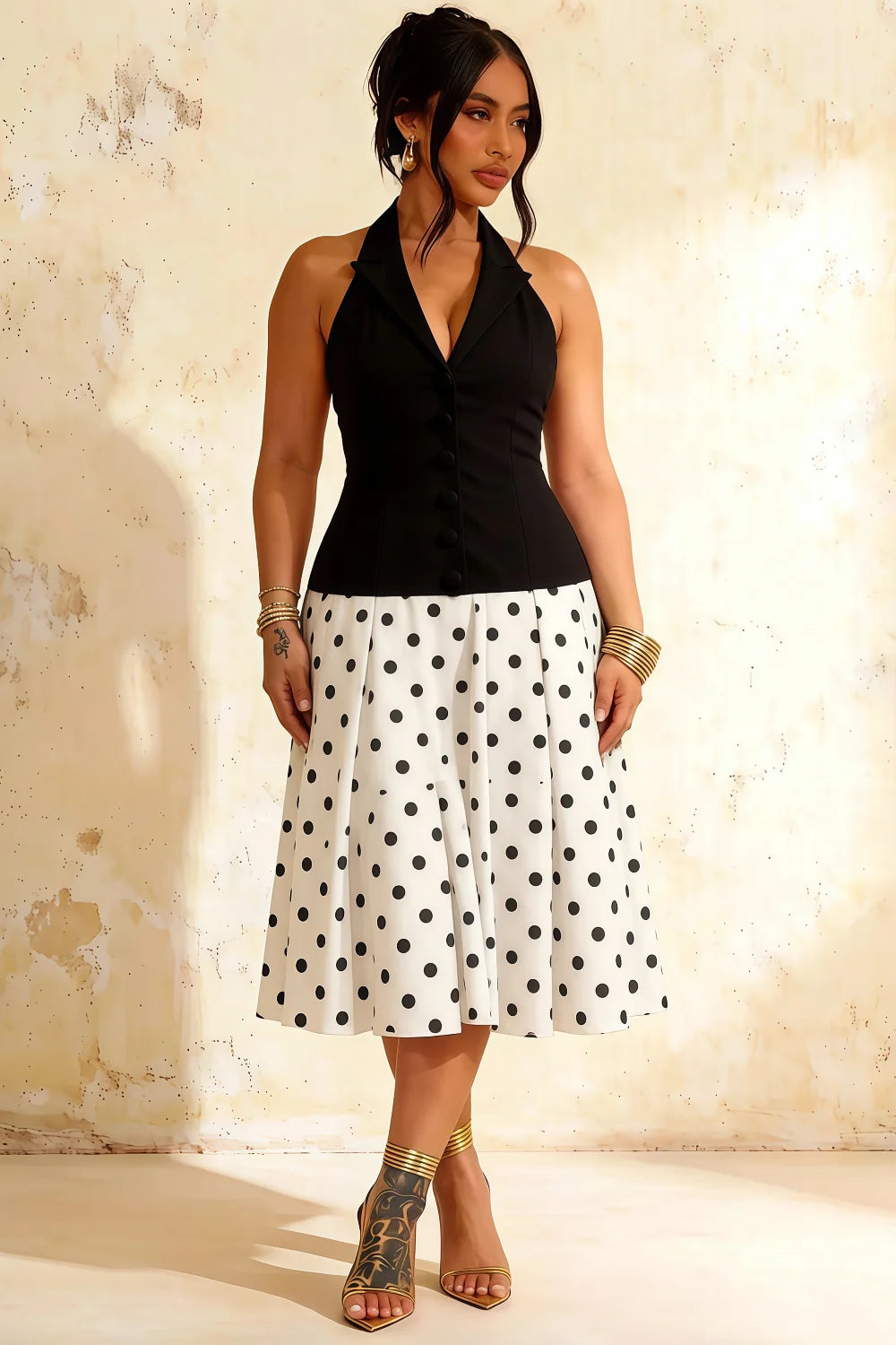 Harper Black and White Polka Dot V Neck Midi Dress with Drop Waist