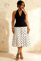 Harper Black and White Polka Dot V Neck Midi Dress with Drop Waist