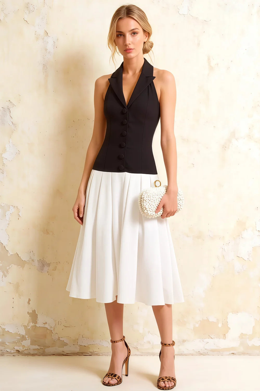 Harper V Neck Midi Dress - Black & White Drop Waist Halter Dress Main image