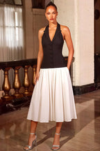 Harper V Neck Midi Dress - Black & White Drop Waist Halter Dress