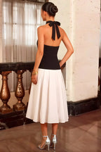 Harper V Neck Midi Dress - Black & White Drop Waist Halter Dress