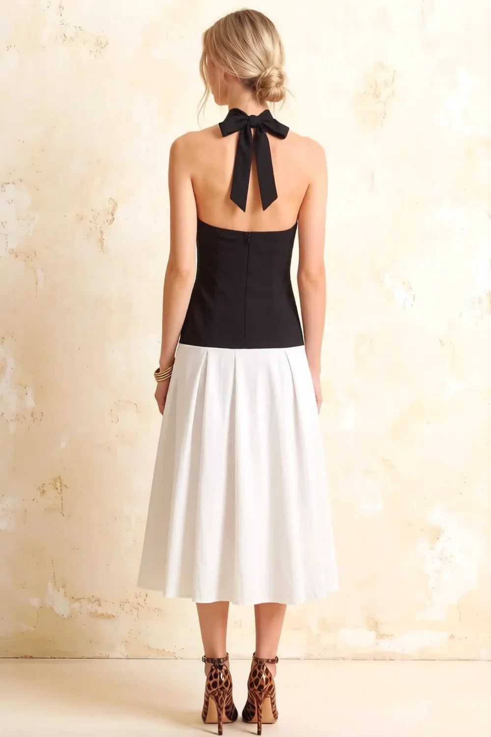 Harper V Neck Midi Dress - Black & White Drop Waist Halter Dress