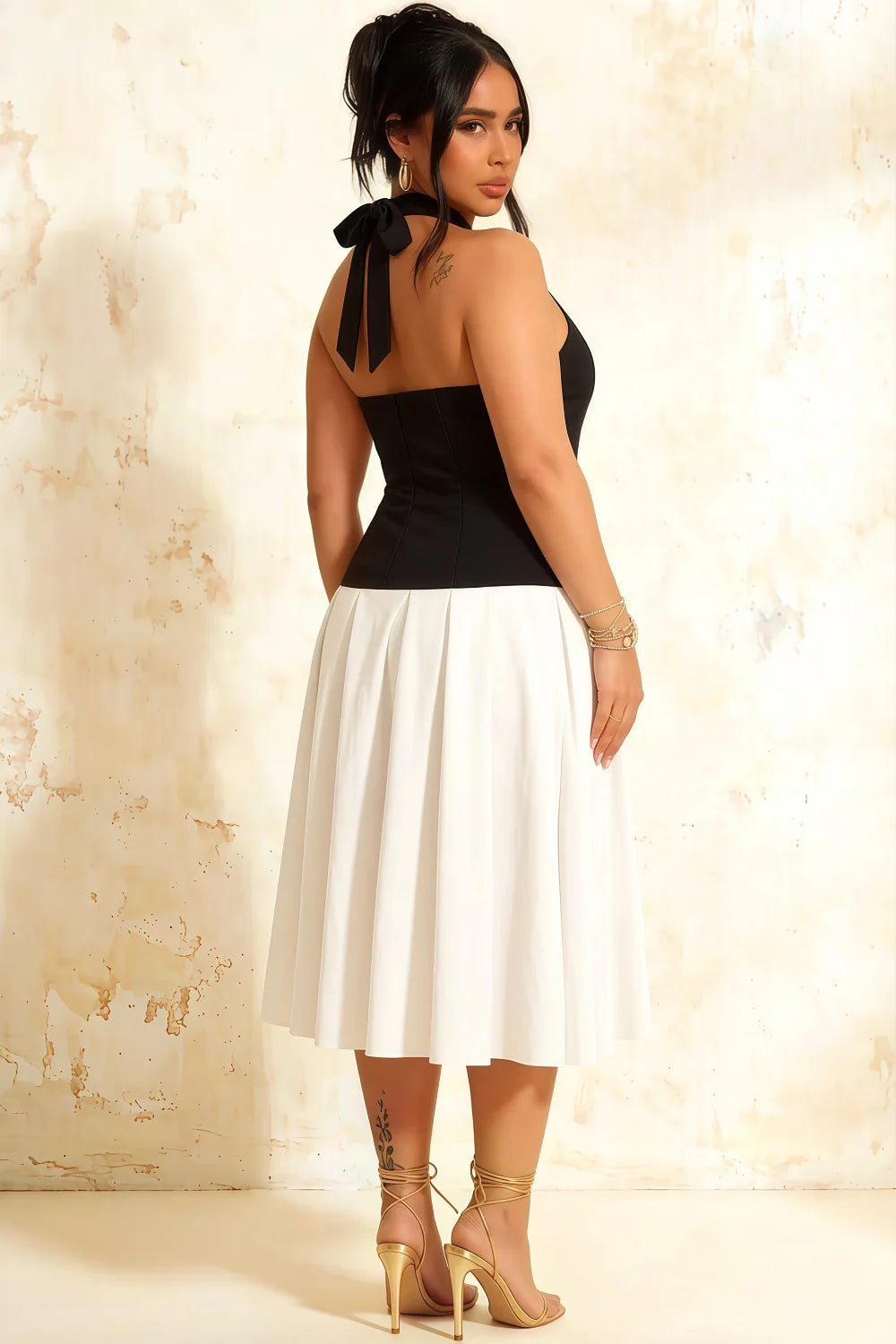 Harper V Neck Midi Dress - Black & White Drop Waist Halter Dress