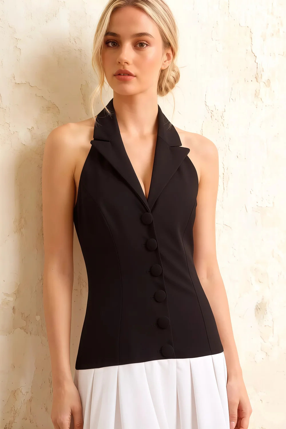 Harper V Neck Midi Dress - Black & White Drop Waist Halter Dress