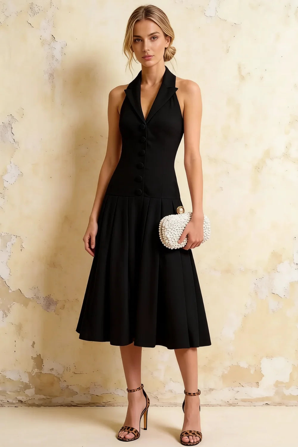 Harper Black Midi Dress: V-Neck Drop Waist Halter Dress Main image