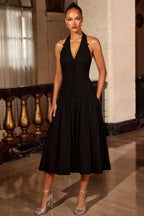 Harper Black Midi Dress: V-Neck Drop Waist Halter Dress