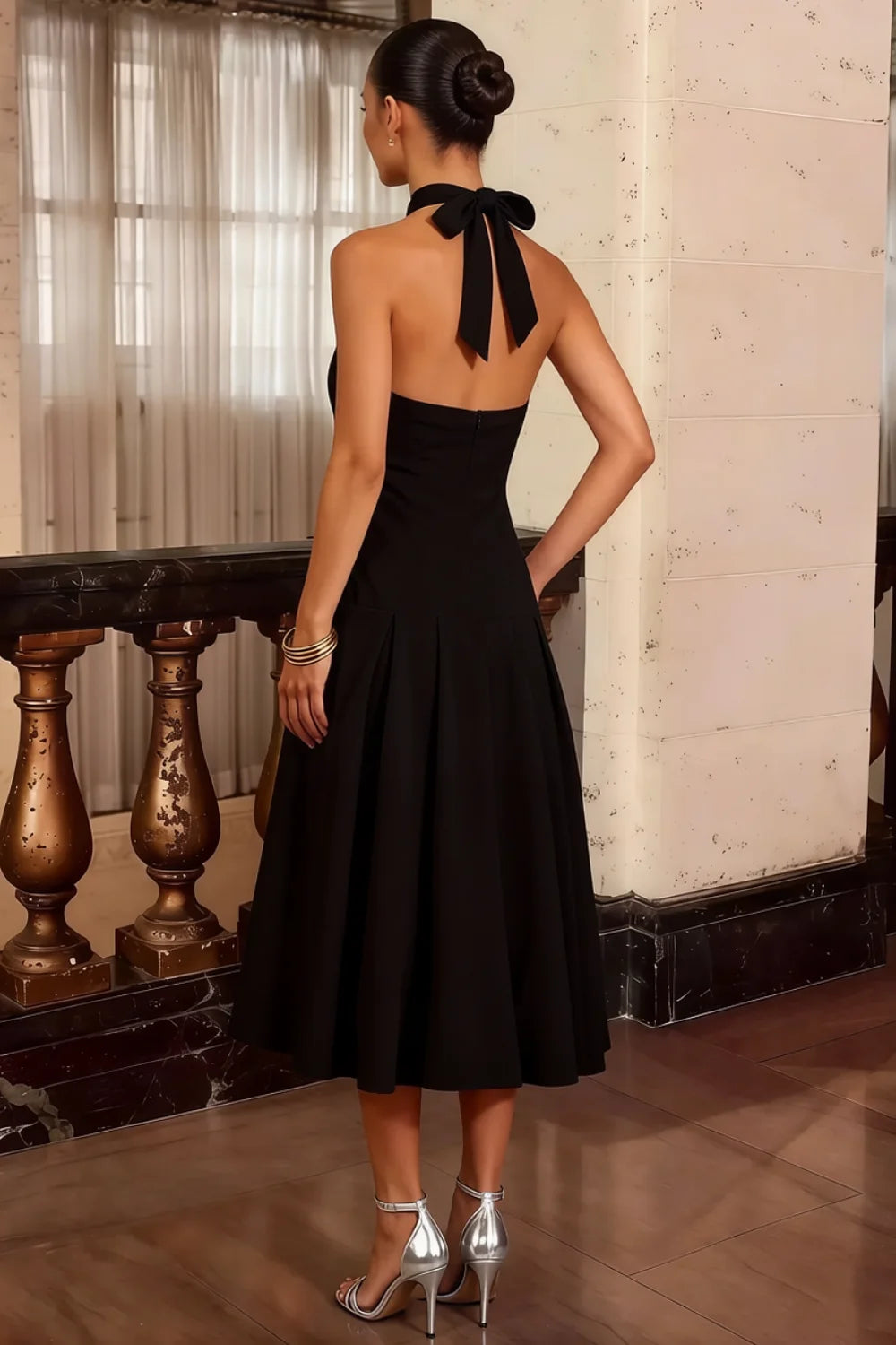 Harper Black Midi Dress: V-Neck Drop Waist Halter Dress