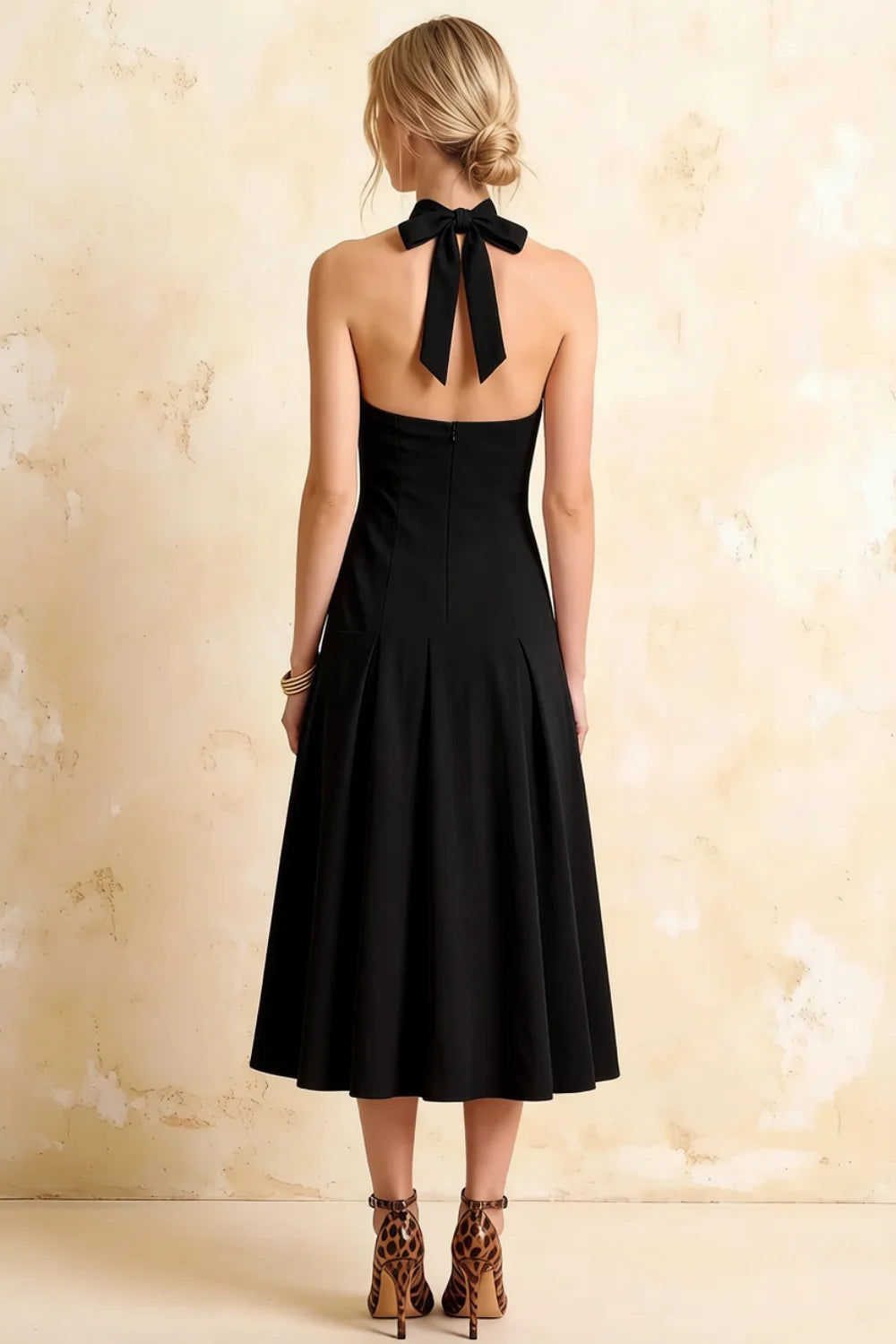 Harper Black Midi Dress: V-Neck Drop Waist Halter Dress
