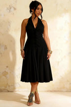Harper Black Midi Dress: V-Neck Drop Waist Halter Dress