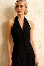 Harper Black Midi Dress: V-Neck Drop Waist Halter Dress
