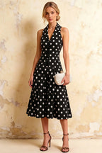 Harper Black Polka Dot V Neck Midi Dress with Drop Waist