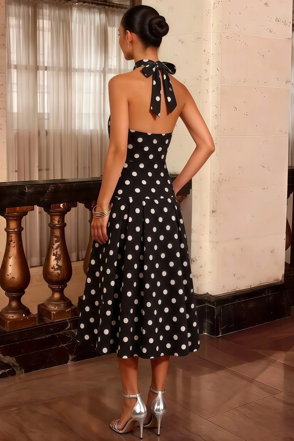 Harper Black Polka Dot V Neck Midi Dress with Drop Waist
