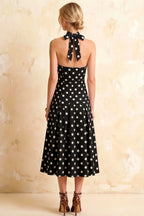 Harper Black Polka Dot V Neck Midi Dress with Drop Waist