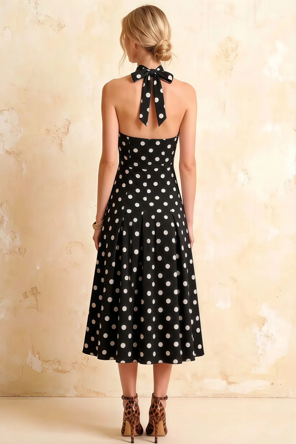 Harper Black Polka Dot V Neck Midi Dress with Drop Waist