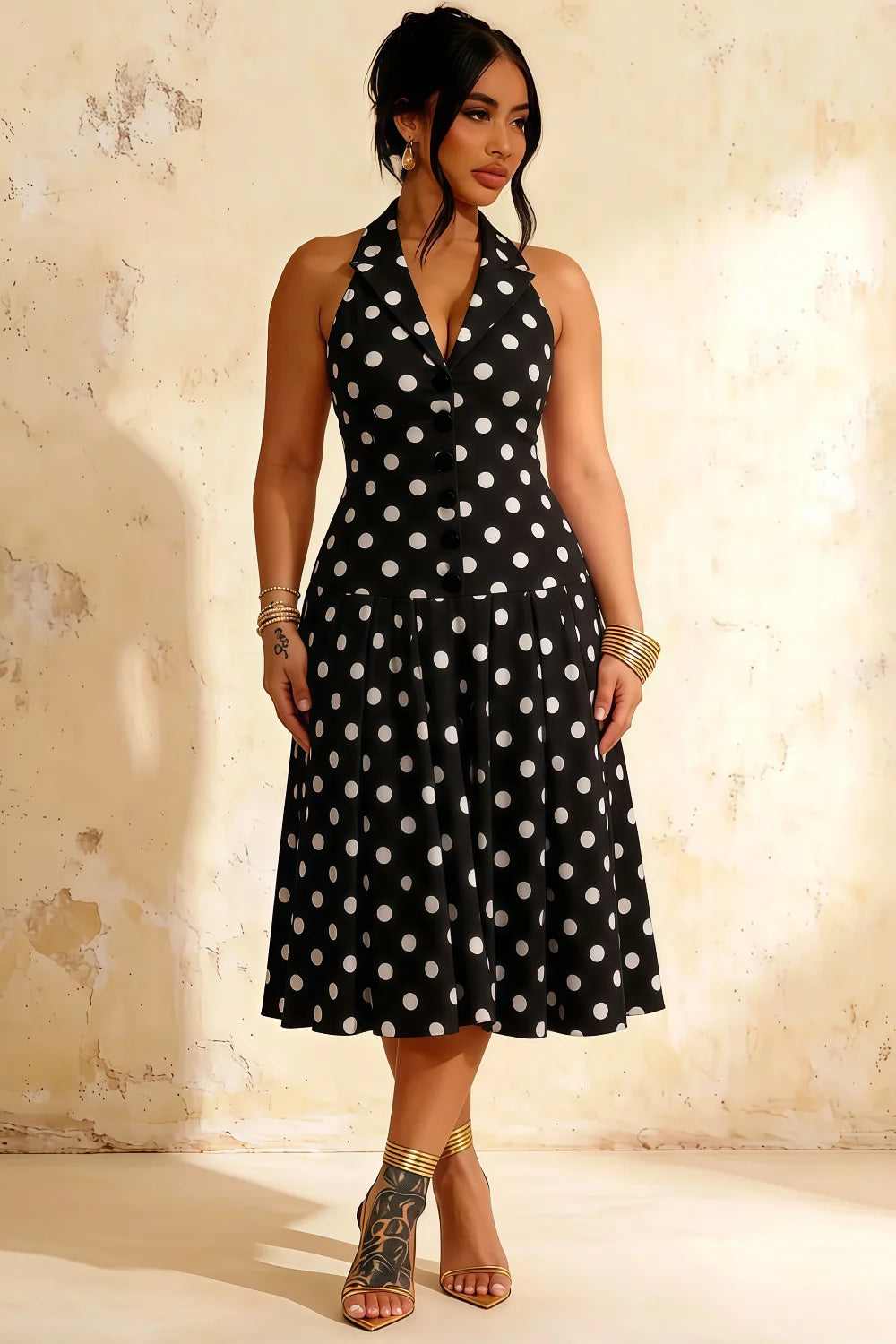 Harper Black Polka Dot V Neck Midi Dress with Drop Waist