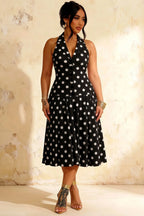 Harper Black Polka Dot V Neck Midi Dress with Drop Waist
