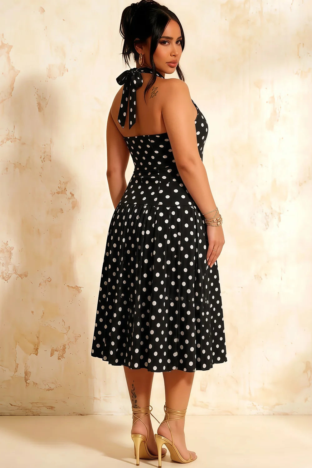 Harper Black Polka Dot V Neck Midi Dress with Drop Waist