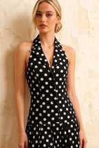 Harper Black Polka Dot V Neck Midi Dress with Drop Waist